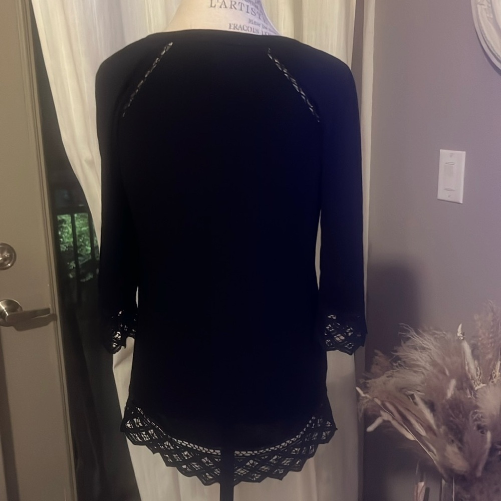 Pale Sky black lace & sheer floral blouse 3/4 length sleeve womens dress shirt S - Picture 3 of 10